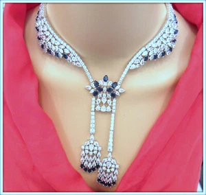 SAPPHIRE BLUE GEMSTONE LADIES 18K GOLD FILL NECKLACE EARRING SET - Picture 1 of 11
