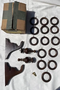 Vintage Stanley Wood Pole Set Decorative Curtain Rod Brackets Finials Rings 3” - Picture 1 of 20