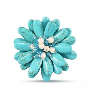 Double Sunflower Turquoise and White Pearl Floral Pin or Brooch - Picture 1 of 5