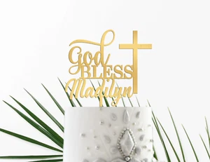 Personalized God Bless Cake Topper for Baptism, First Communion, Confirmation, - Picture 1 of 22