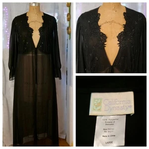 CALIFORNIA DYNASTY Black Chiffon LACE Applique Sequin Long Peignoir Robe Pinup L - Picture 1 of 8