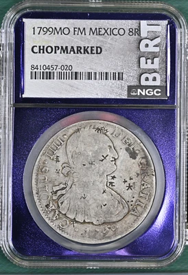 NGC 1799MO Fm MEXICAN MEXICO CHOPMARKED SILVER 8 REALES COIN Double Sided Chops! - Image 1 of 2