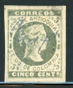 COLOMBIA - ANTIOQUIA Used Selections: Scott #32b 5c Gray Green LAID PAPER CV$26+ - Picture 1 of 1