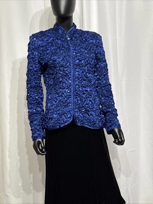 MSK 皇家蓝色亮片褶皱拉链夹克 M 码缎面弹力晚装上衣新品 — 第 1/4 张图片