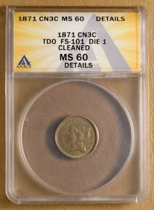 1871 CN Three Cent Piece FS-301 Tripled Die Obverse ANACS MS 60 Details - Picture 1 of 4