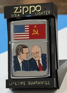ZIPPO 1991 GEORGE BUSH W/ GORBACHEV PRESIDENT LIGHTER UNFIRED IN BOX X851 - Picture 1 of 4