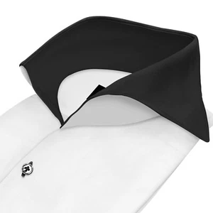 Camisa blanca de corte extremo abierto alto para hombre con cuello negro única de fiesta - Imagen 1 de 5