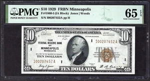 🇺🇸  1929 $10 FRBN   ♚♚MINNEAPOLIS♚♚  PMG GEM UNC 65 EPQ  - Picture 1 of 2