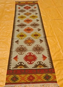 Hand Woven Wool Rug Runner Kilim Dhurrie Oriental Area Rug 2.6x10 ft - Picture 1 of 5