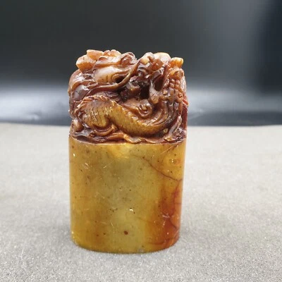 Chine Ancien grand Sceau Cachet en Stéatite figurant un Dragon gardant une perle - Photo 1/4