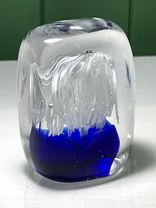 MURANO STYLE WHITE RIBBON CASCADE WITH BLUE BASE ART GLASS BLOCK PAPERWEIGHT - Picture 1 of 7