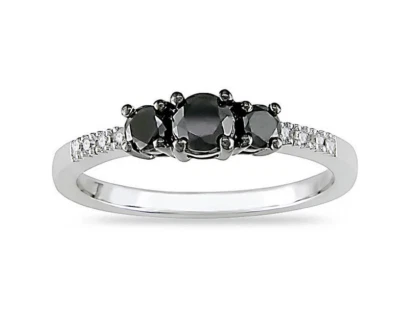 Anel feminino simulado corte redondo ônix preto e moissanita branca em ouro branco 10K - Imagem 1 de 4
