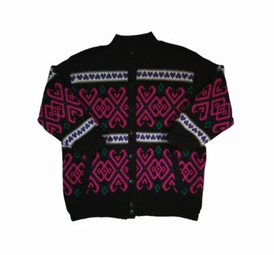 Chaqueta Suéter Vintage Años 80 Negro Rosa Púrpura Corazones Abotonada Completamente Forrada Mediana Foto 1 de 4