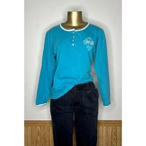 Vintage Womens T-Shirt Blouse Harley Davidson Biker Motorcycle Large Blue Lace - Picture 1 of 14