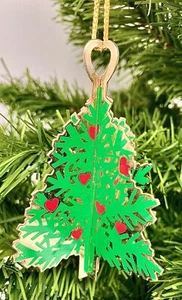 Christbaumschmuck goldfarben grün mit roten Herzen 4" Vintage - Bild 1 von 2
