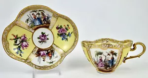 Antique Wolfsohn Dresden Demitasse Cup & Saucer, Scenic, Quatrefoil Shape - Picture 1 of 9