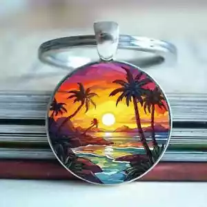 Sunset Beach Tropical Palm Tree Keyring - Picture 1 of 6