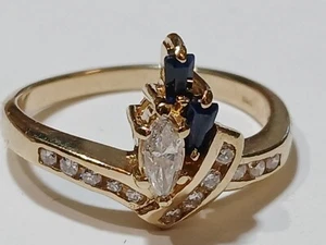 Signed SMG 14k Yellow Gold Diamonds .40 CTW Sapphire Ring size 7.5 - Picture 1 of 16