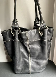Tignanello Hobo Bag Black Leather Bucket Handbag Striped Satin Interior Purse - Picture 1 of 14