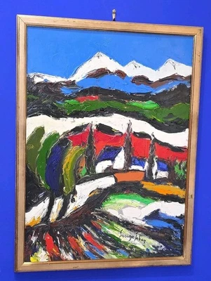 Tableau huile Paysage Montagnes enneigées école Française signé XXème Ambrogiani - Photo 1/4