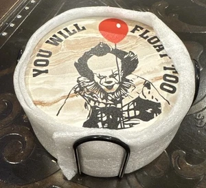 Pennywise Clown IT Horror Movie YOU WILL FLOAT TOO 6 Ceramic Coaster & Rack Lot - Picture 1 of 4