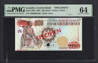 Lesotho 200 Maloti 2001 P20bs "Specimen N.002" Uncirculated Grade 64 Top Pop - Image 1 of 2