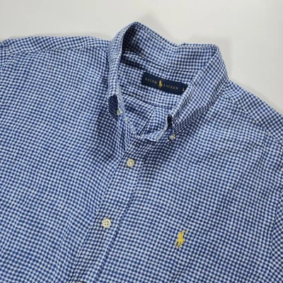 Ralph Lauren Linen Shirt Large Blue Short Sleeve Button Gingham Check Preppy EUC - Image 1 of 4