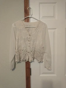Women's Sz L Sheer Sleeves With Crochet Bottom Button Up Cardigan - Picture 1 of 6