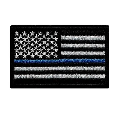 THIN BLUE LINE USA FLAG IRON ON PATCH 3.25" Black White Police Law Enforcement - Image 1 of 2