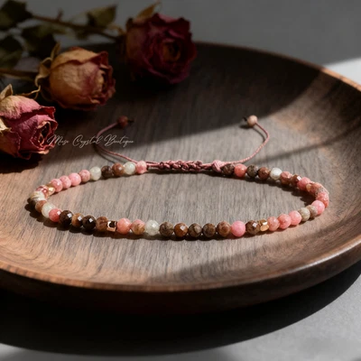 Natural Rhodonite Dainty Bracelet 4mm Pink Crystal Gemstone Bracelet Handmade - Image 1 of 4