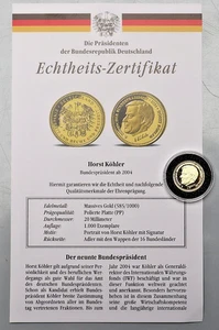 MEDAILLE 2004: 9. BUNDESPRÄSIDENT HORST KÖHLER, 3,17 g 585 GOLD, PP, COA, S59 - Bild 1 von 3