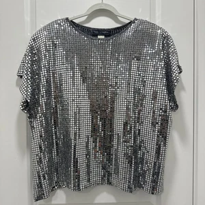 Vintage Maggie McNaughton Silver Sequin Top 18W Metallic Disco Glam Party Blouse - Picture 1 of 13