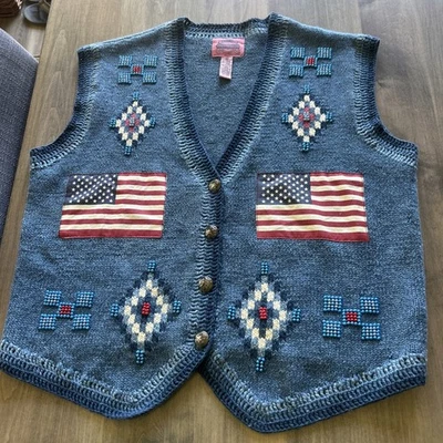 Cambridge Country Store Unisex Native American Flag Vest Blue Knit Beaded Medium - Image 1 of 4