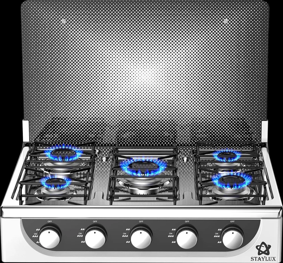 VEDERE IN DESCRIZIONE Piano Cottura Campeggio a Gas 5 Fuochi STAYLUX Coperchio in vetro FORNELLONE-V