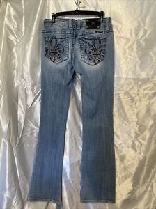 Miss Me Jeans Logo Boot Distressed Holes JP4369ce-2 Blue Embroidered Size 29 - Picture 1 of 12