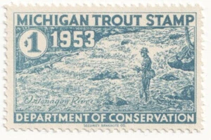 #6 1953 MICHIGAN TROUT STAMP Fishing license VF Mint OGNH Ontonagon River - Picture 1 of 2