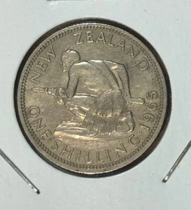 1965 New Zealand 1 Shilling Coin-23.62 MM - Maori Warrior-Elizabeth II-KM#27.2 - Picture 1 of 4