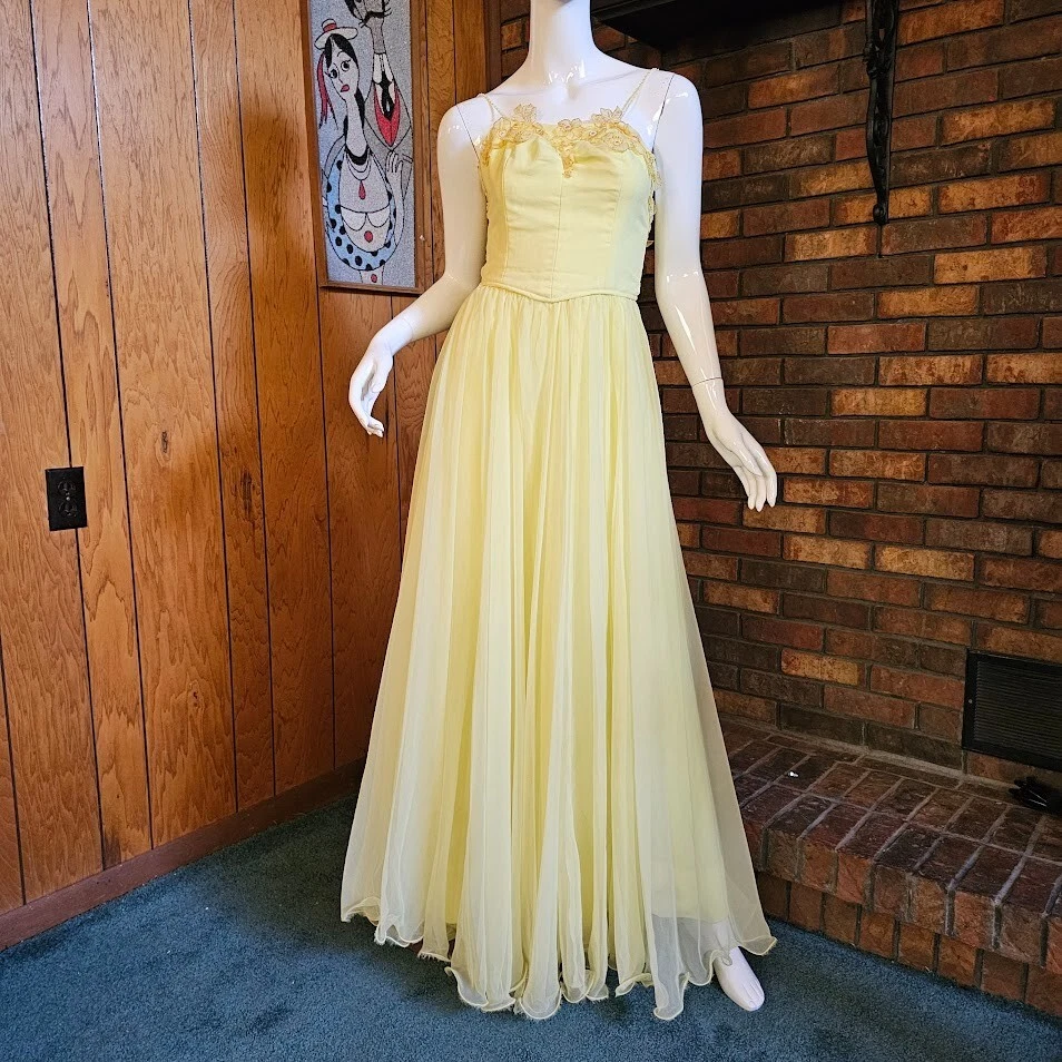 De Colección Años 60 Amarillo Limón Gasa Novia Baile de graduación Vestido Formal Noche Vestido S Foto 1 de 4