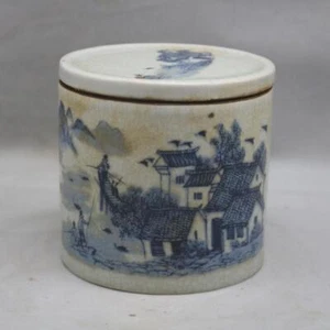 Chinese Blue and White Porcelain Jar Water Town Pattern Cricket Pot 4.13 inch - Picture 1 of 6