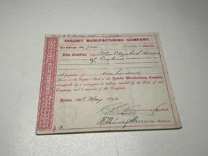 Antique (1892) Assabet Manufacturing Company Share Certificate Massachusetts - Picture 1 of 3