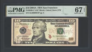 United States-Federal Res 10 Dollars 2004A Fr#2039-L* (GL* Block) UNC Grade 67 - Picture 1 of 2