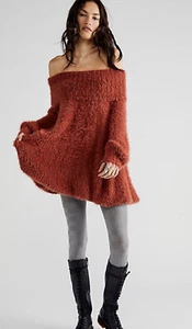 Free People Mallow Sweater Tunic Off The Shoulder Fuzzy Rusty Red XL NWT - Picture 1 of 7