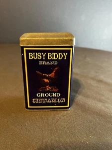 VINTAGE KITCHEN 3 3/4"  HIGH REPRO  TIN CAN  *EMPTY* BUSY BIDDY GROUND CINNAMON - Picture 1 of 7