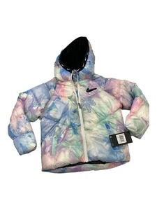 Nike Puffer Jacket Girls 6X Pastel Floral Tie Dye Black Fleece Lined Hood Coat - Picture 1 of 11