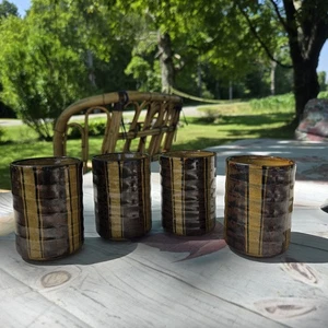 Tasses à thé vintage MCI Japon fait main en grès motif bambou marron - Photo 1/9