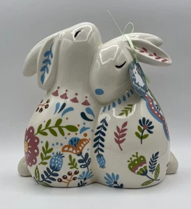 Blue Sky Claywork Ceramic Rabbit Figurine BUNNY KISSES Love In Bloom Easter Boho - Picture 1 of 8