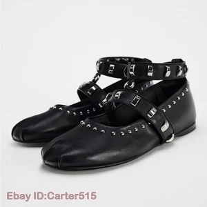 Zapatos de salón retro con remaches para mujer primavera nuevos moda punta redonda zapatos planos de ballet - Imagen 1 de 25