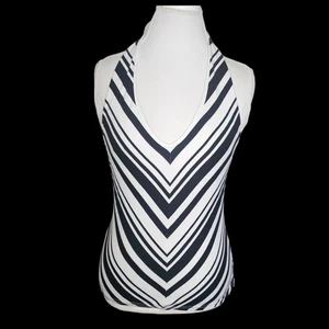 Y2K Neckholder Top schwarz weiß diagonale Streifen Regal BH dehnbar Gr. L Fashion Bug - Bild 1 von 9