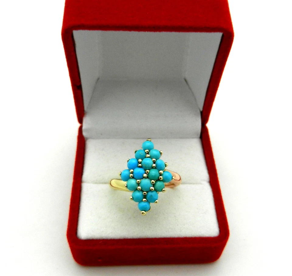 Anillo Turquesa Racimo Oro 14k Sólido Dos Tonos 7,6 gramos talla 6,75 Foto 1 de 4