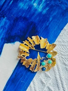 Christian Dior GROSSE 1968 Vintage Large Wreath Turquoise Navy Tree Bark, Brooch - Picture 1 of 13